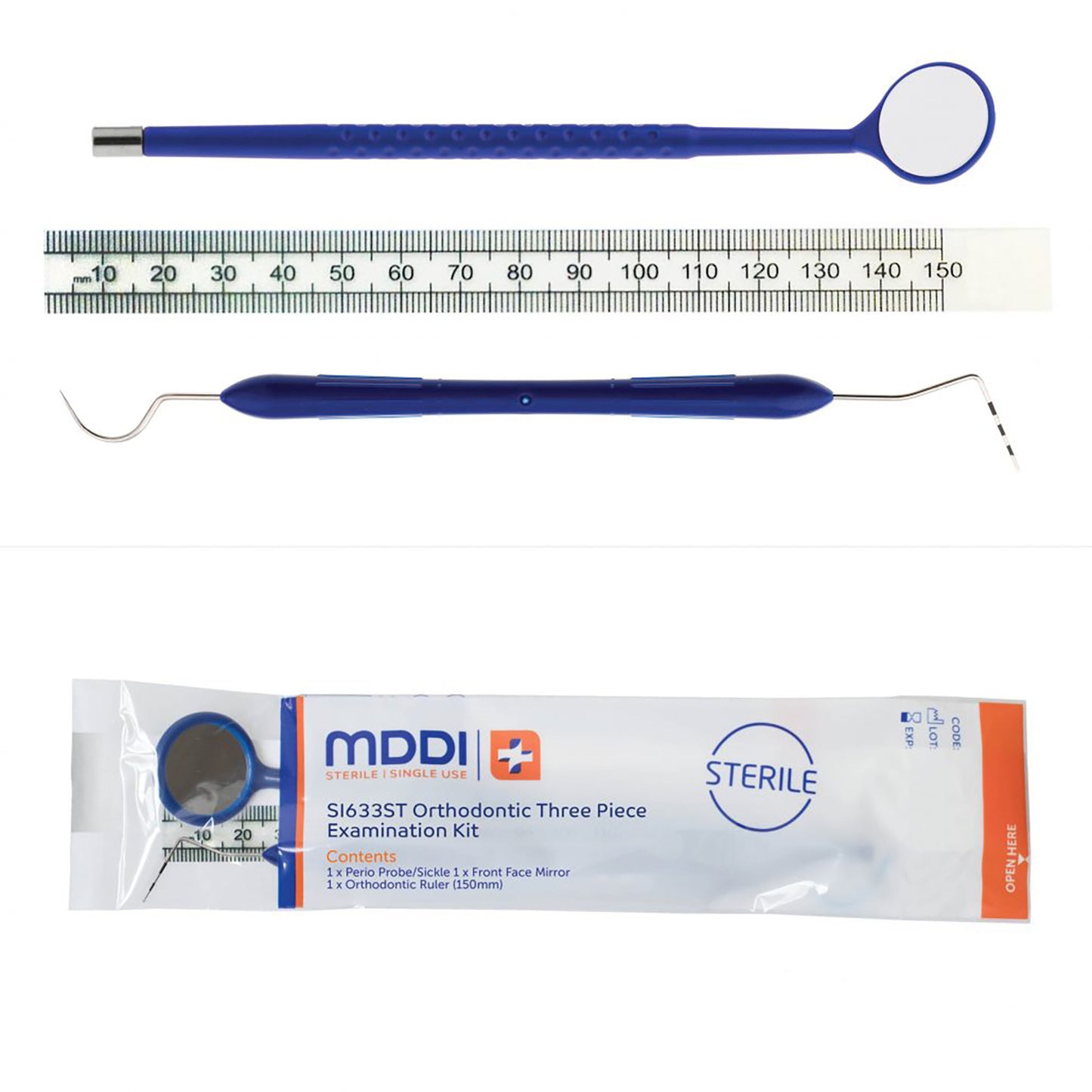 Orthodontic 3-Piece Sterile Examination Kit - Mirror, Ruler, CPITN-C (WHO)/No 8 Probe - Disposable