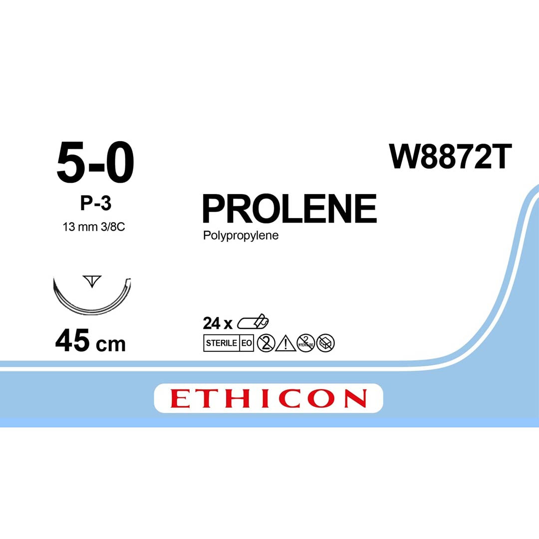 Prolene Blu Suture W8872T. Length 45cm, M1 Gauge 5/0 P-3