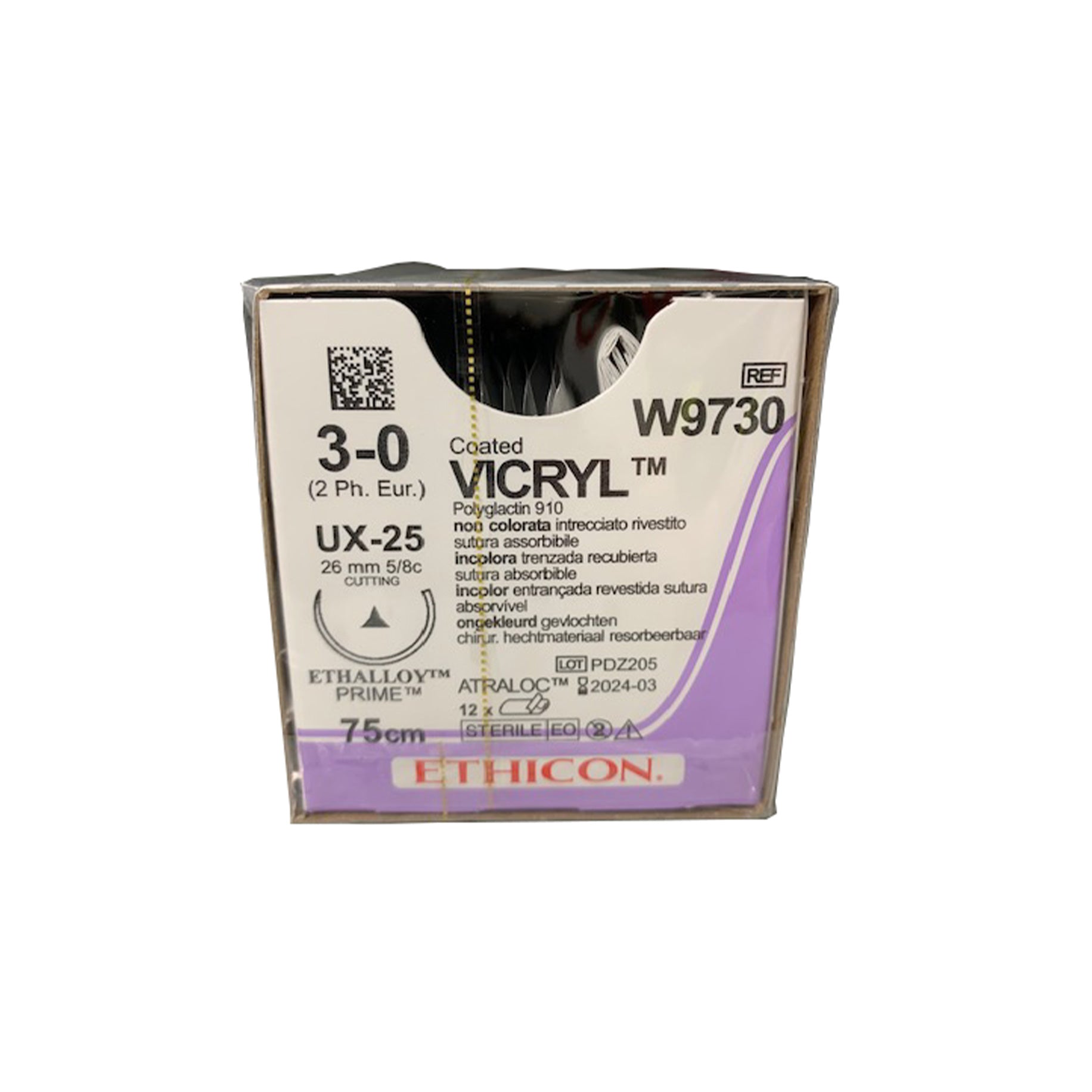Vicryl, Coated - Absorbable, Braided, Undyed W9730. Length: 75cm, Gauge: 3/0