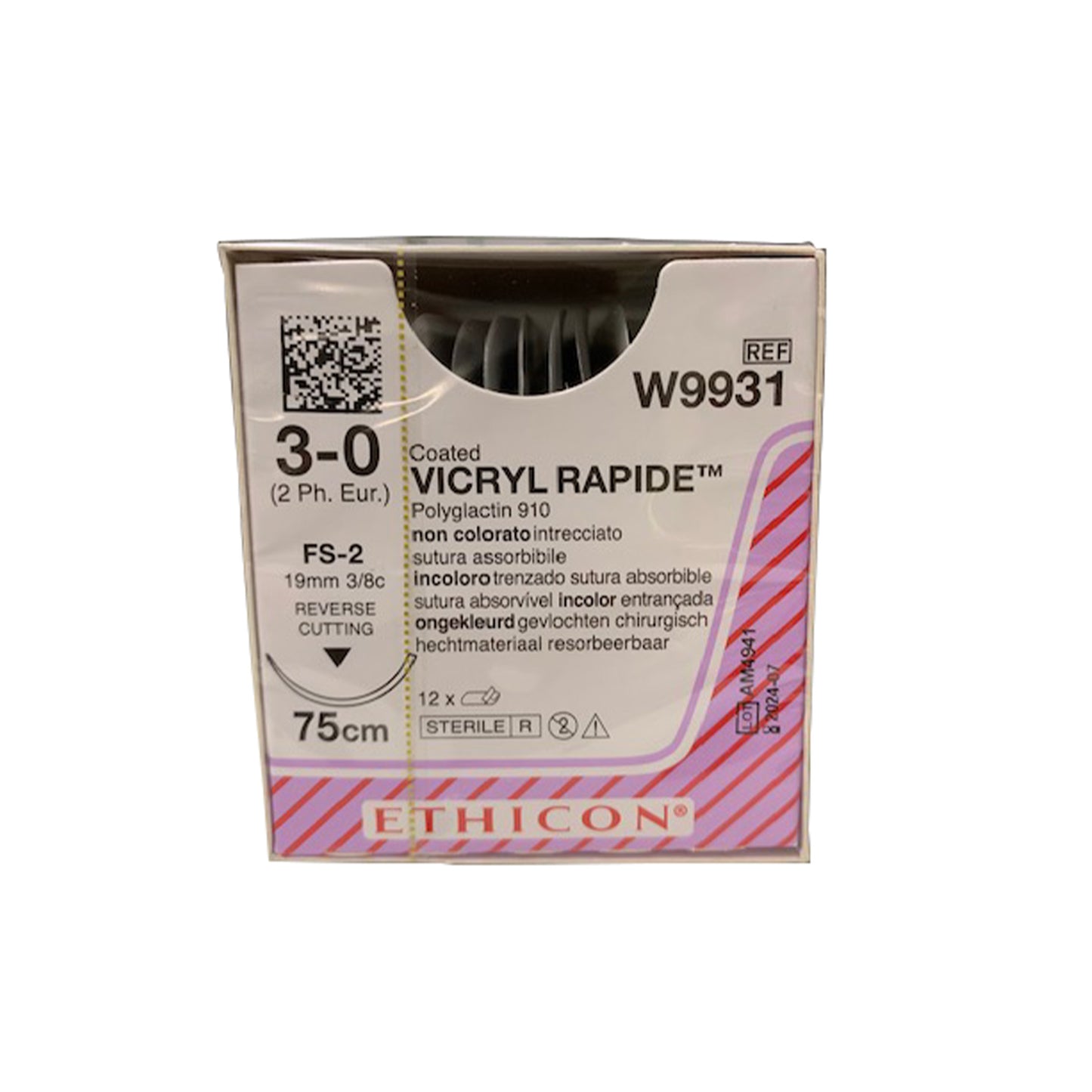 Vicryl Rapide - Braided, Undyed, Absorbable W9931. Length: 75cm, Gauge: 3/0